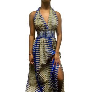 Royal Blue halter African print maxi dress with cinched waist and slit